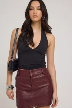 Briana PU High Rise Mini Skirt Burgundy
