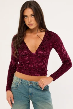 Bridie Flocked Long Sleeve Top Burgundy