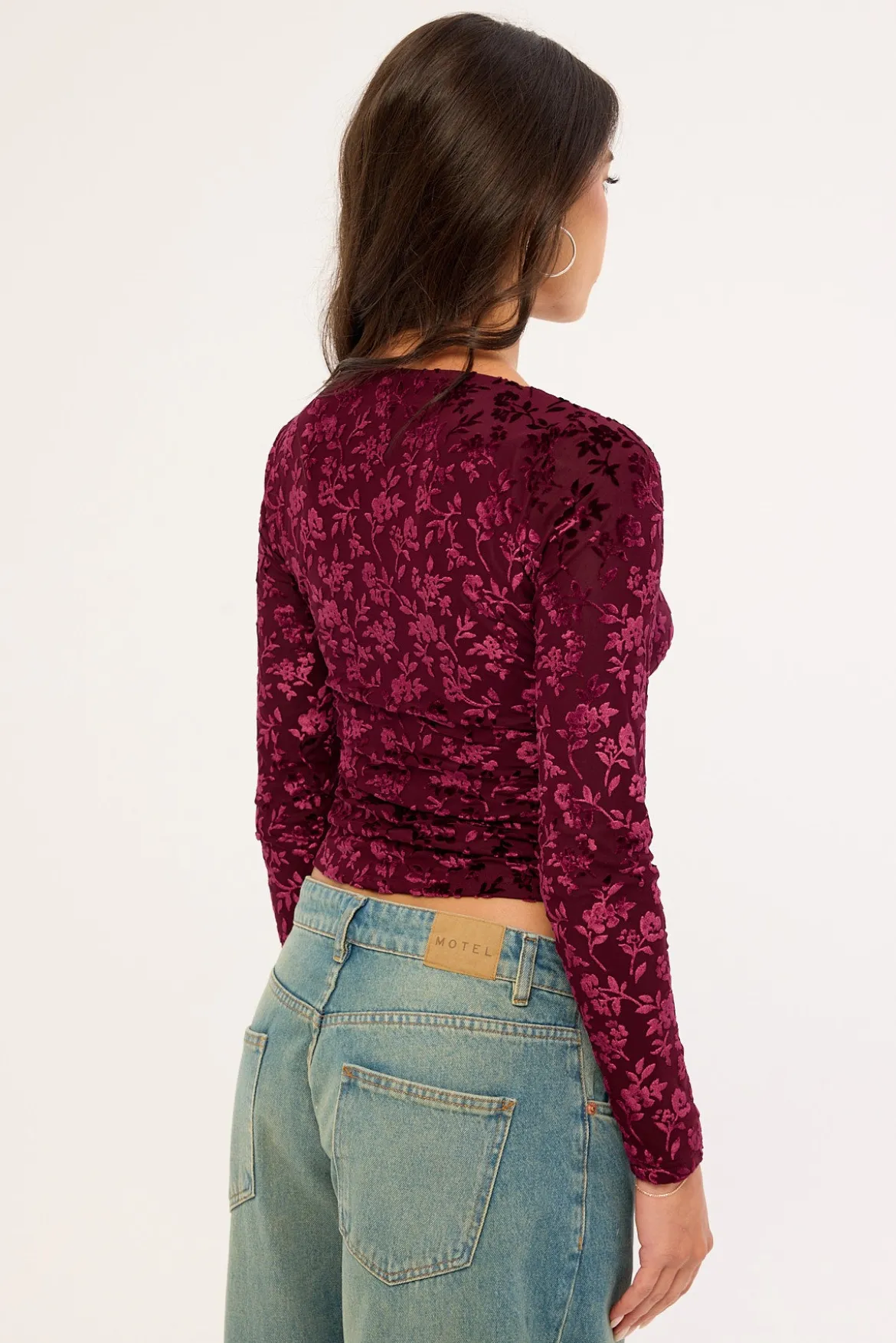 Bridie Flocked Long Sleeve Top Burgundy