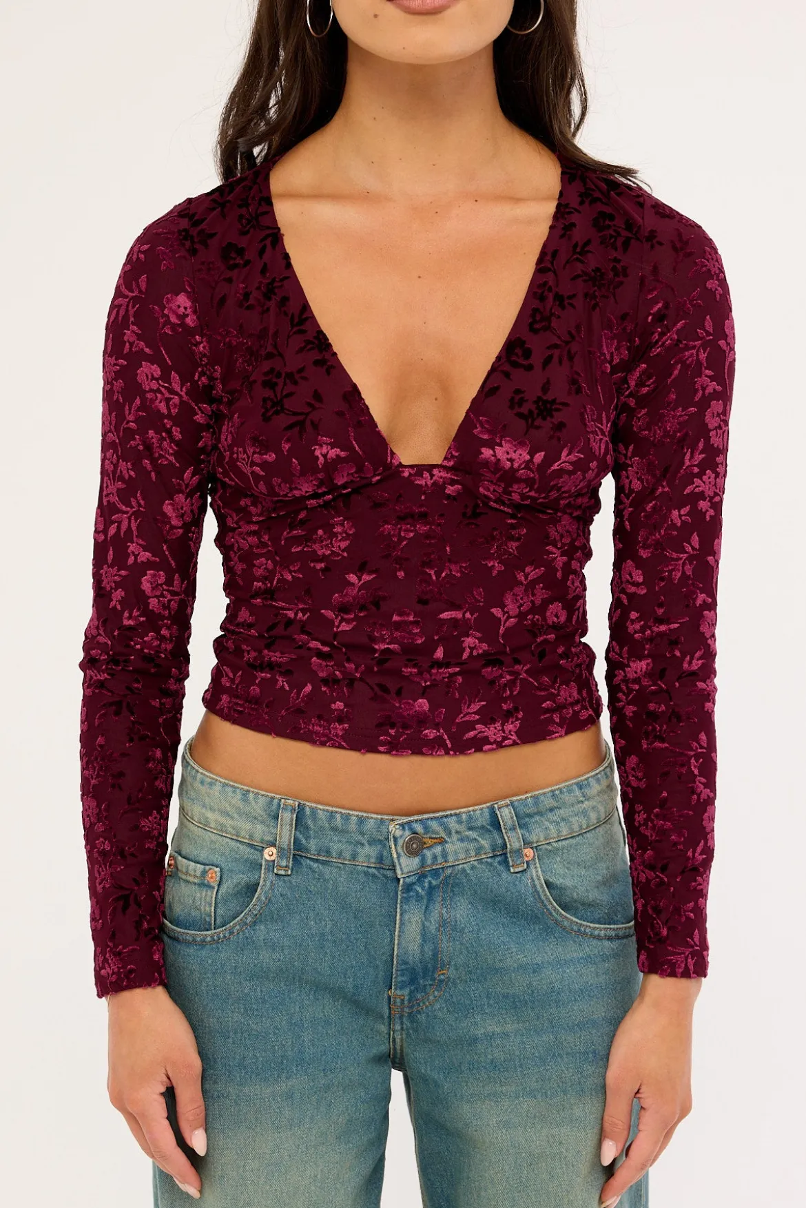 Bridie Flocked Long Sleeve Top Burgundy