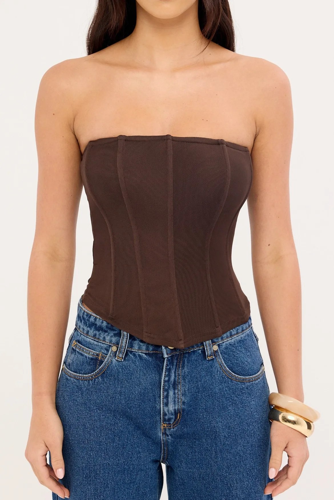 Bruna Strapless Mesh Corset Top Brown