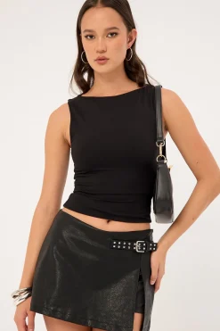 Buckle Mid Rise PU Skort Black