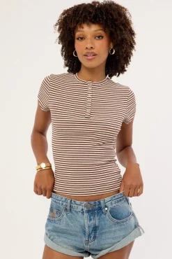 Button Front T-shirt Pink and Brown Stripe