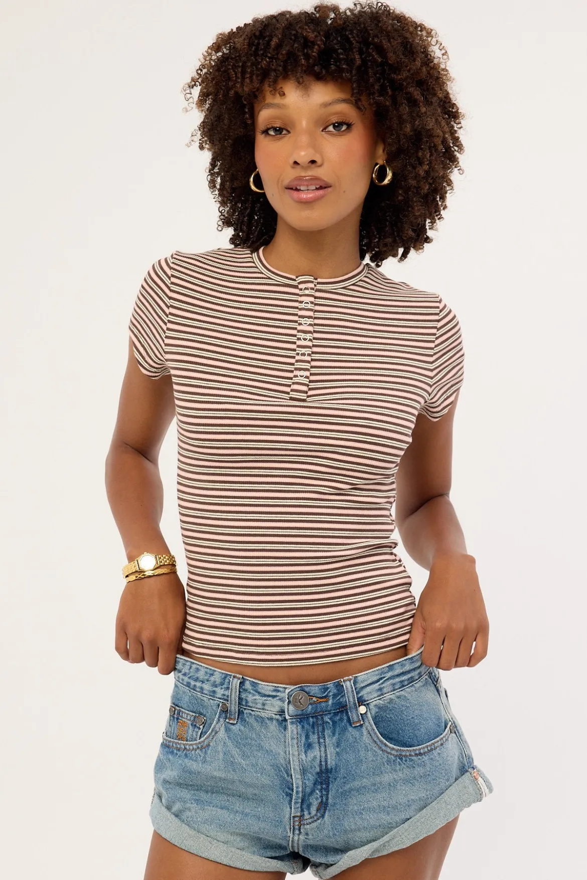 Button Front T-shirt Pink and Brown Stripe