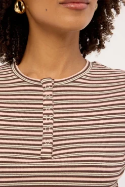 Button Front T-shirt Pink and Brown Stripe