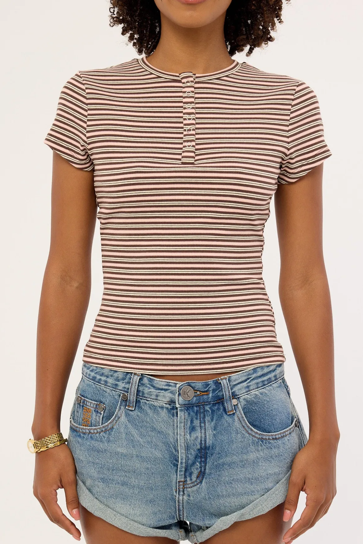 Button Front T-shirt Pink and Brown Stripe