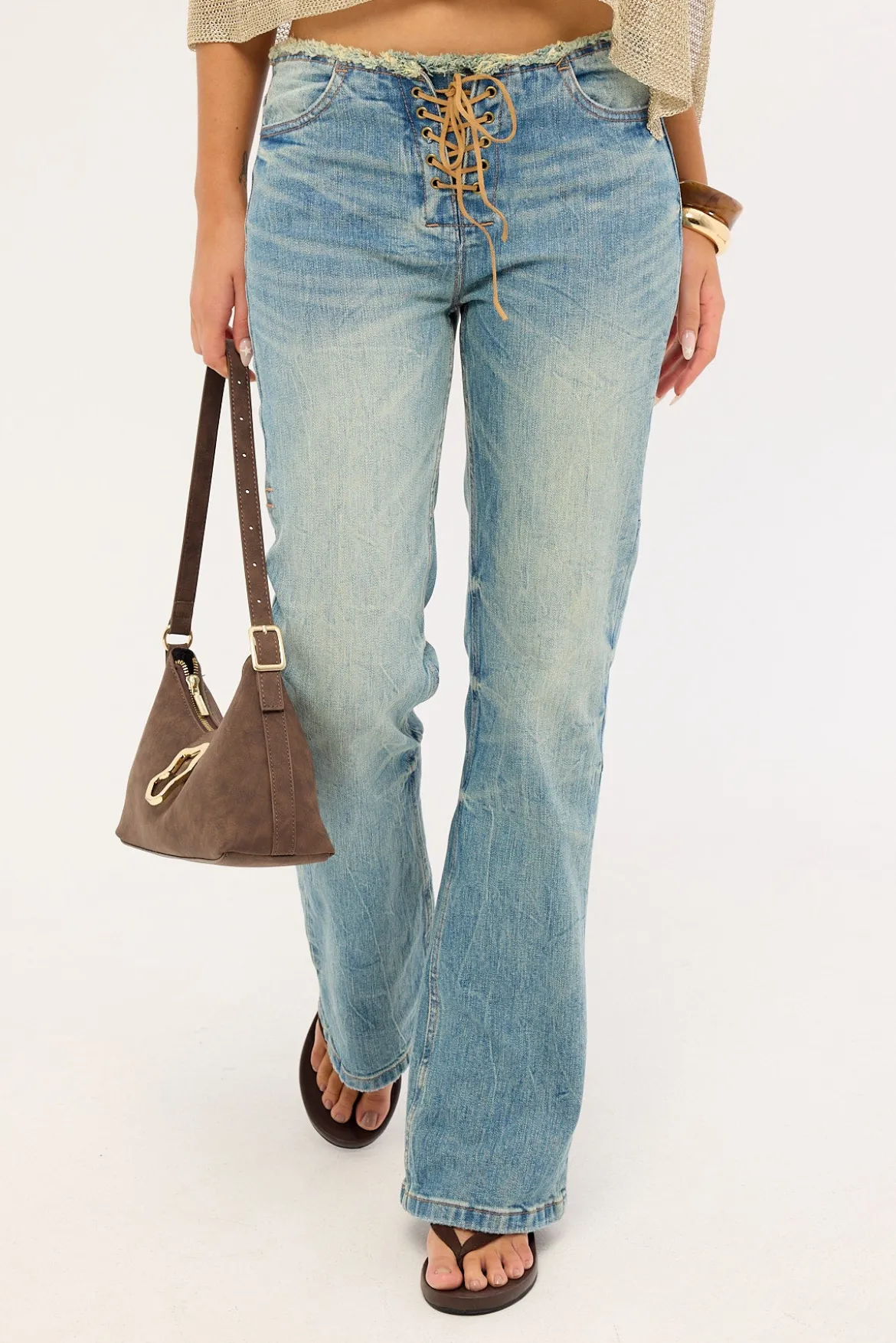 Cammie Low Rise Lace Up Jean Dirty Crinkle Blue