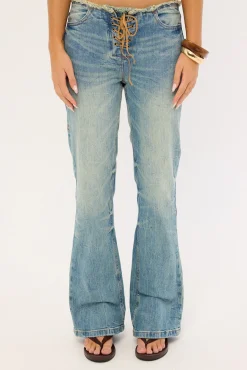 Cammie Low Rise Lace Up Jean Dirty Crinkle Blue