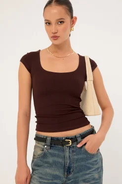 Cap Sleeve Scoop T-Shirt Brown