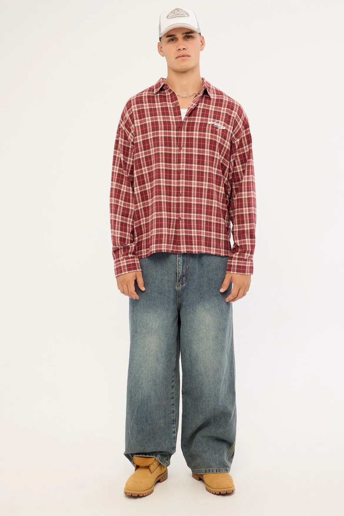 Cast Check Oversized Long Sleeve Shirt Red Check