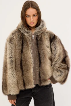 Cast Hooded Zip Through Faux Fur Jacket Light Brown