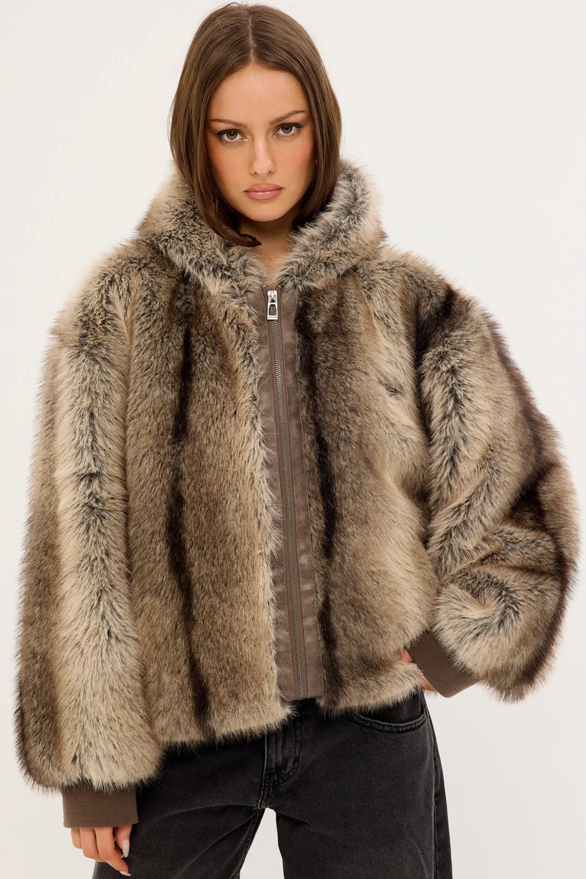 Cast Hooded Zip Through Faux Fur Jacket Light Brown