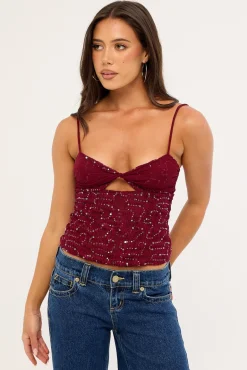 Celina Sequin Lace Cami Top Burgundy