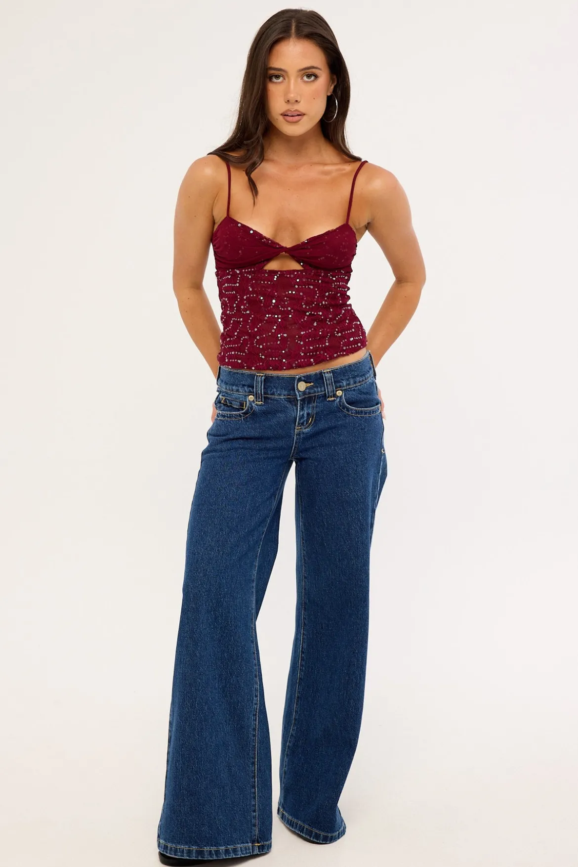 Celina Sequin Lace Cami Top Burgundy