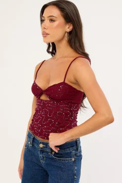 Celina Sequin Lace Cami Top Burgundy