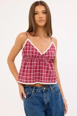 Charly Check Cami Top Burgundy Check