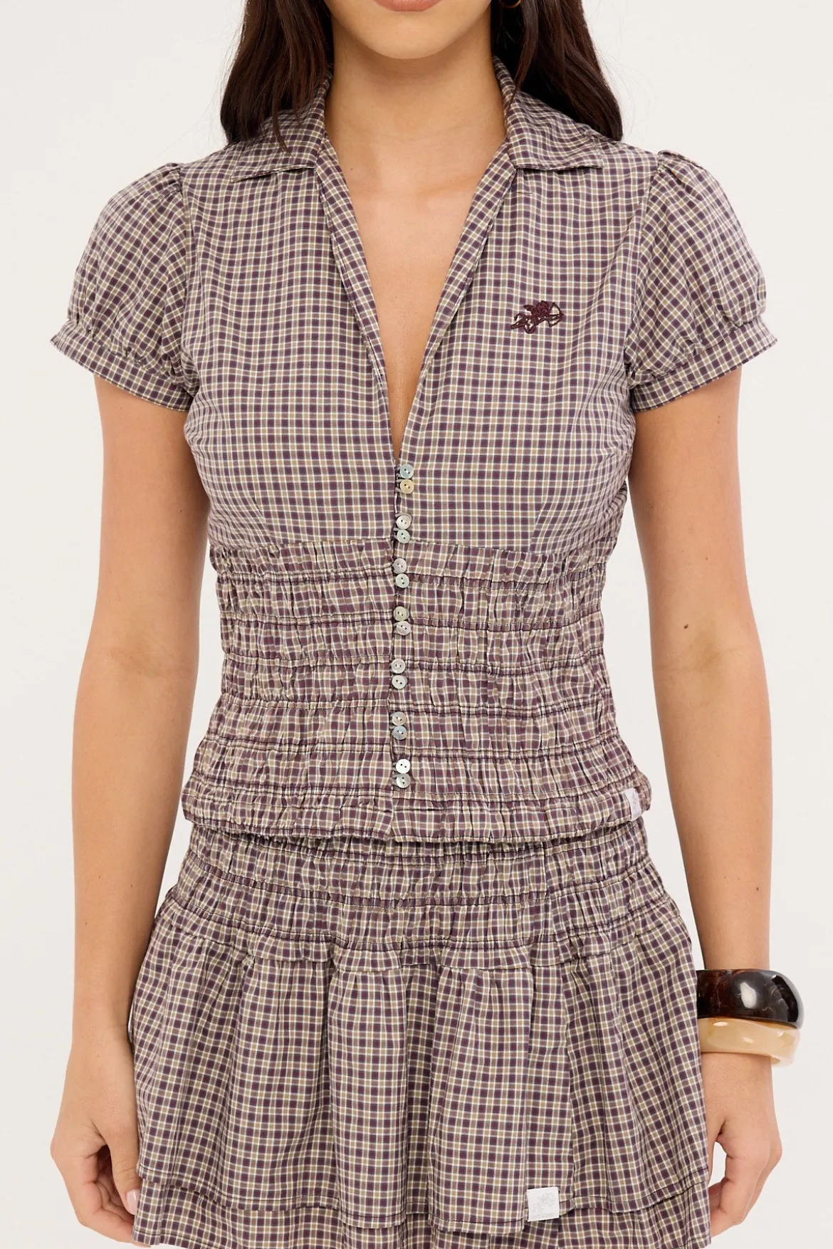 Cheek Shirred Short Sleeve Shirt Blackberry