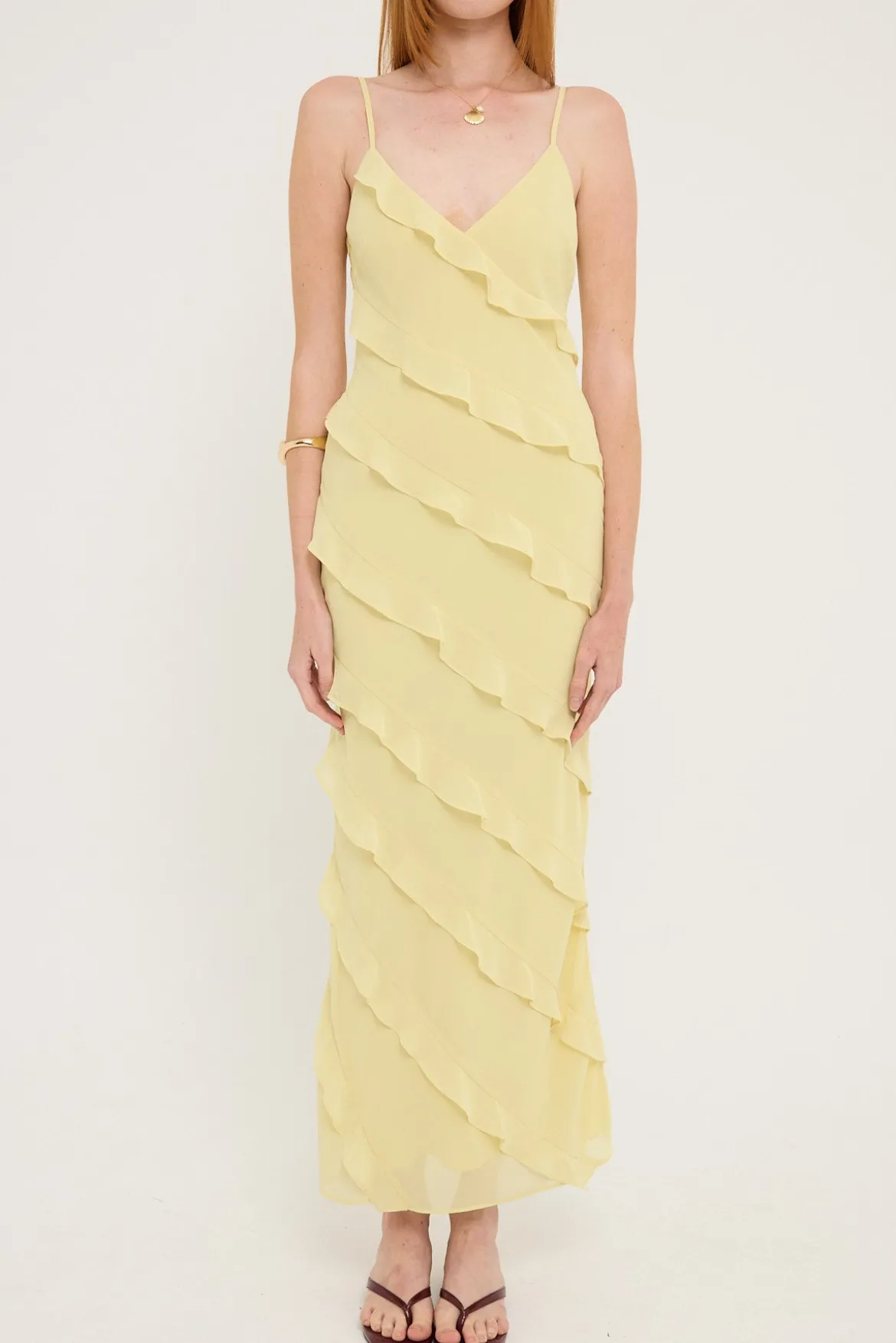 Chiffon Ruffle Maxi Dress Lemon