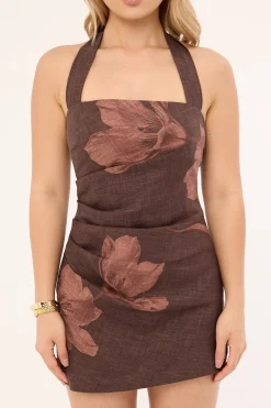 Claire Linen Halter Mini Dress Brown Print