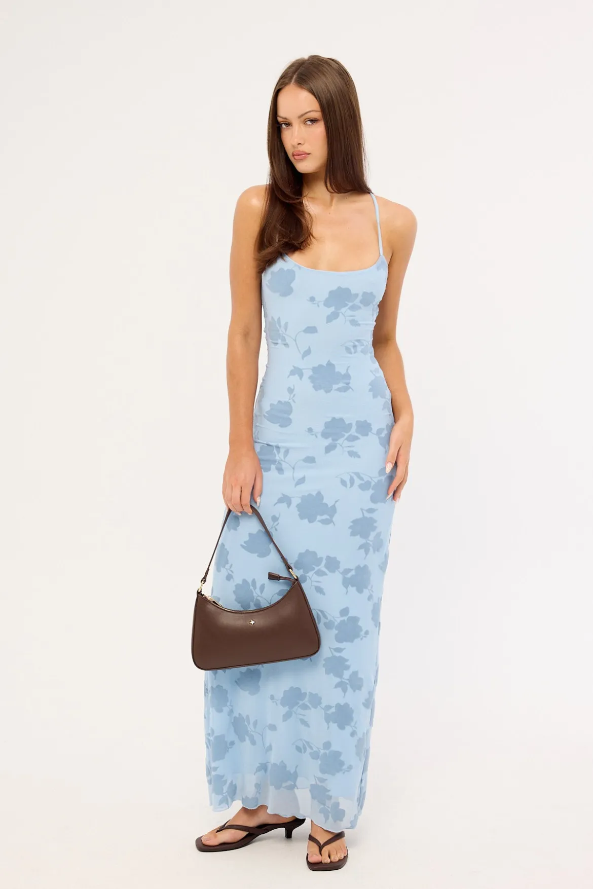 Claudia Lace Up Flocking Maxi Dress Blue