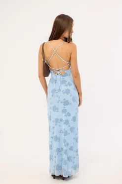 Claudia Lace Up Flocking Maxi Dress Blue