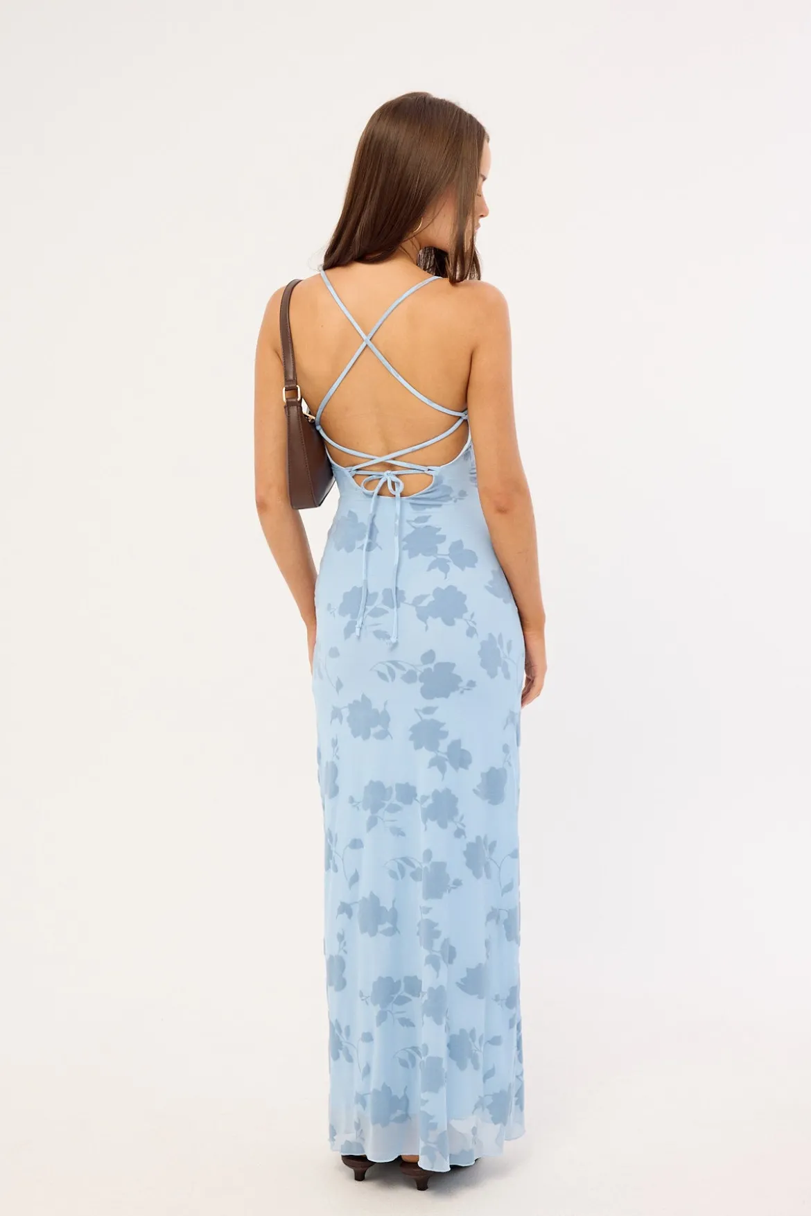 Claudia Lace Up Flocking Maxi Dress Blue