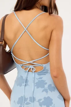 Claudia Lace Up Flocking Maxi Dress Blue