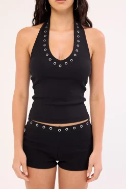 Coil Eyelet Halter Top Black