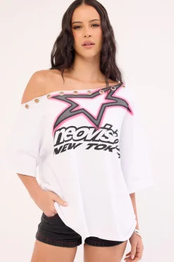 Cold Signal Off Shoulder Relaxed Tee White
