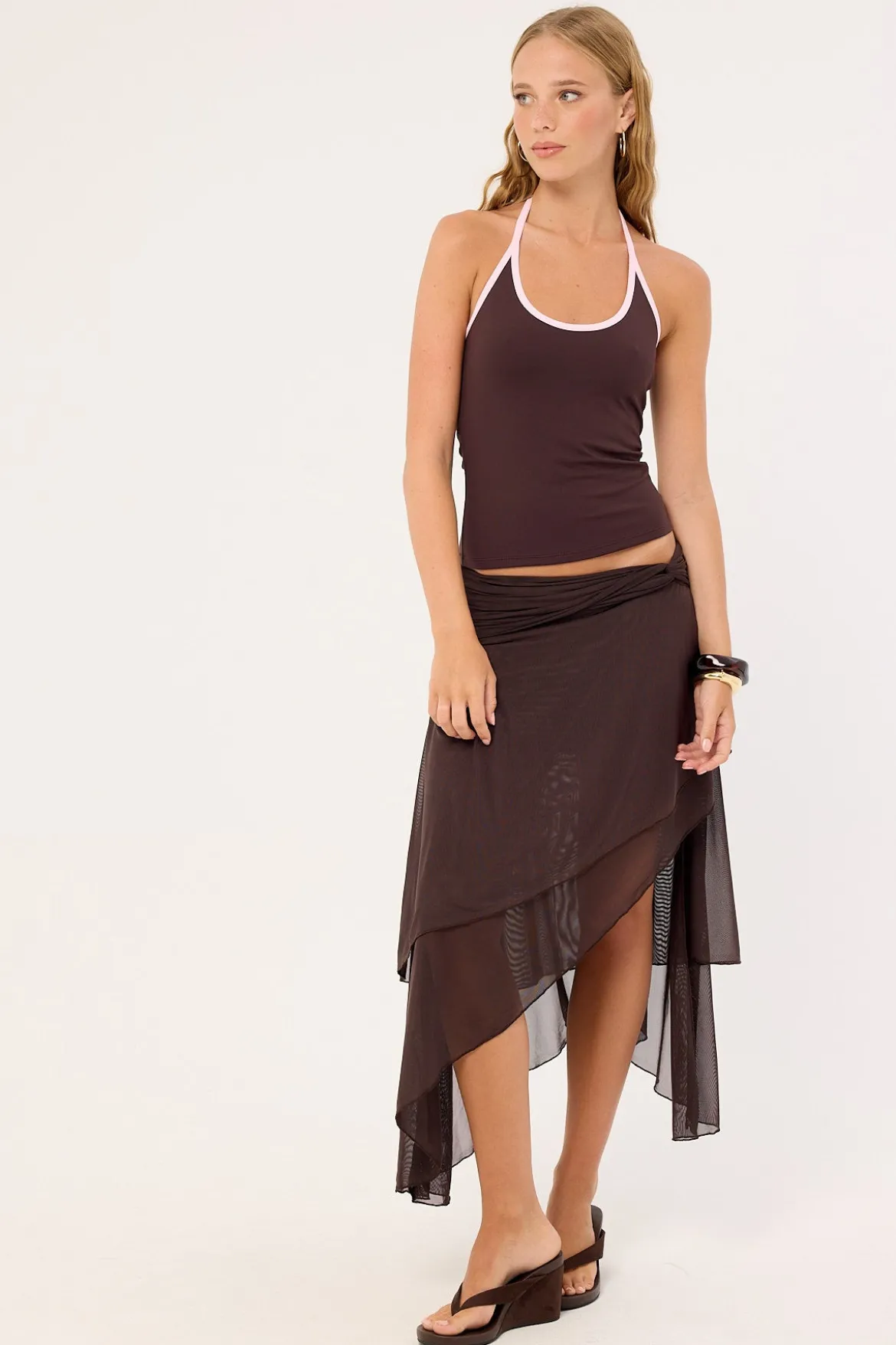Contrast Bind Halter Top Brown