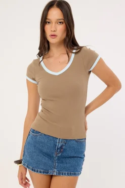 Contrast Bind V-neck Tee Taupe