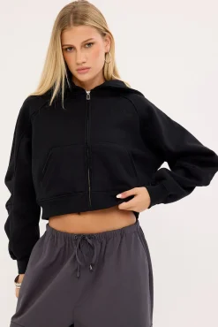 Control Cropped Zip Through Hoodie Black