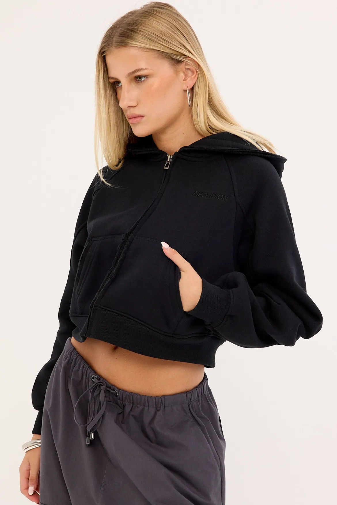 Control Cropped Zip Through Hoodie Black