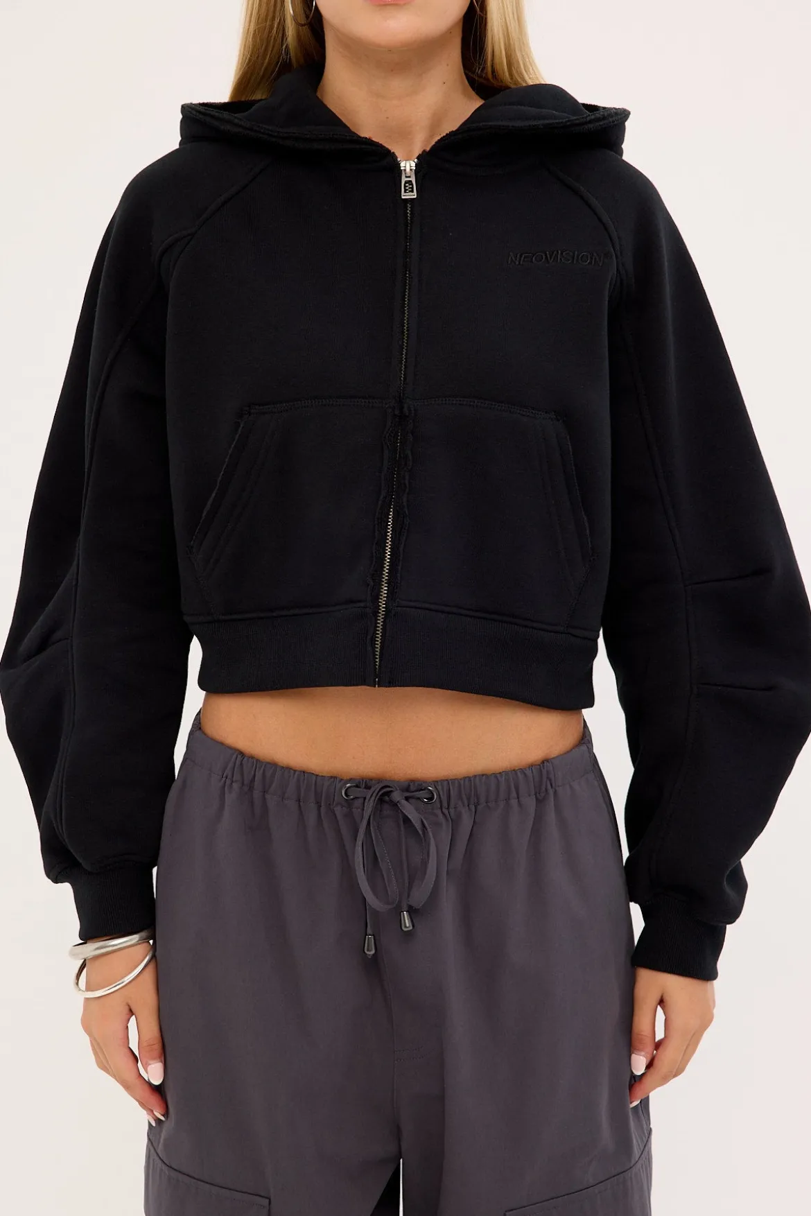 Control Cropped Zip Through Hoodie Black