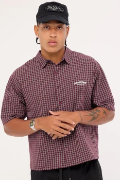 Corrode Oversize Check Cropped Shirt Burgundy Check