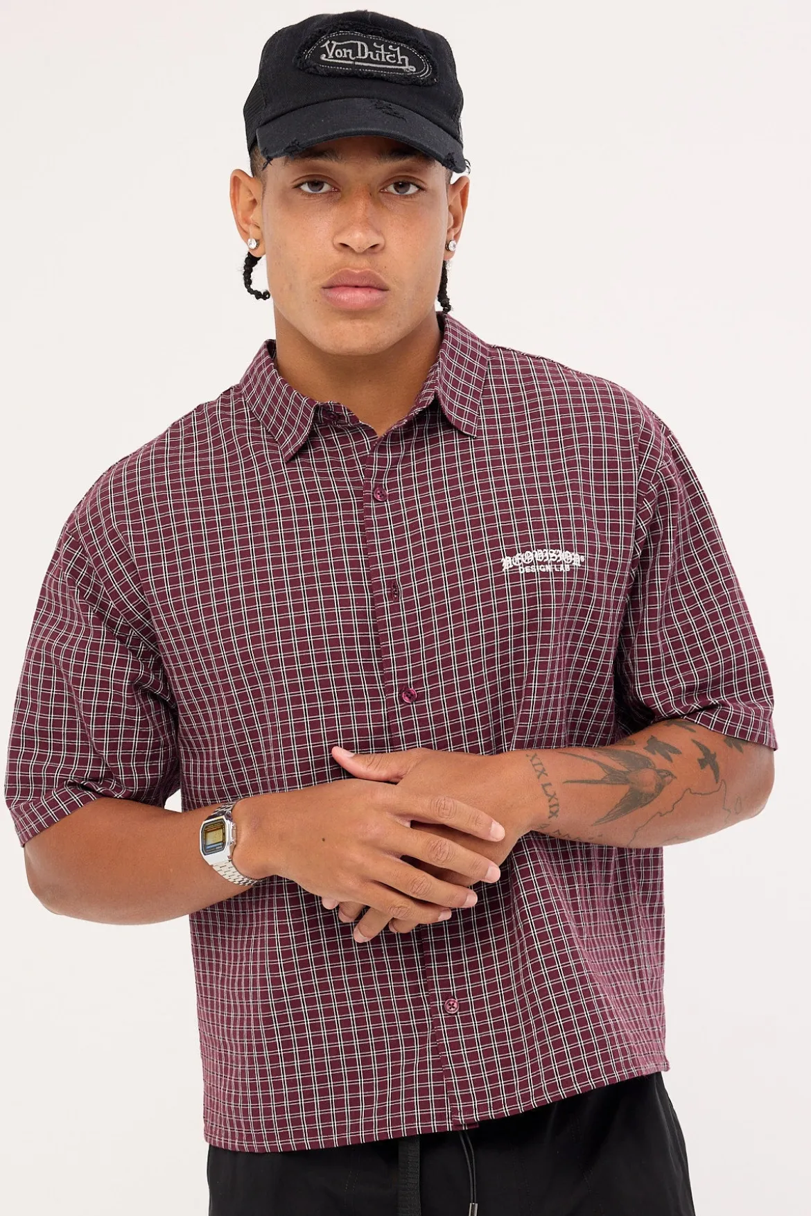Corrode Oversize Check Cropped Shirt Burgundy Check