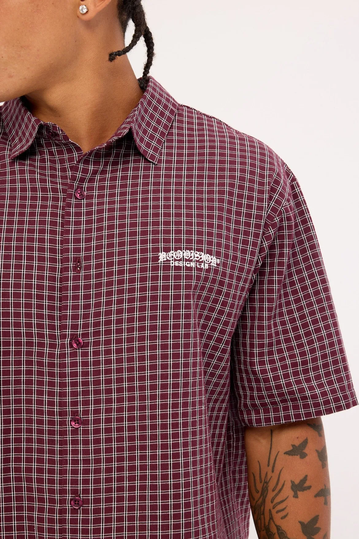 Corrode Oversize Check Cropped Shirt Burgundy Check