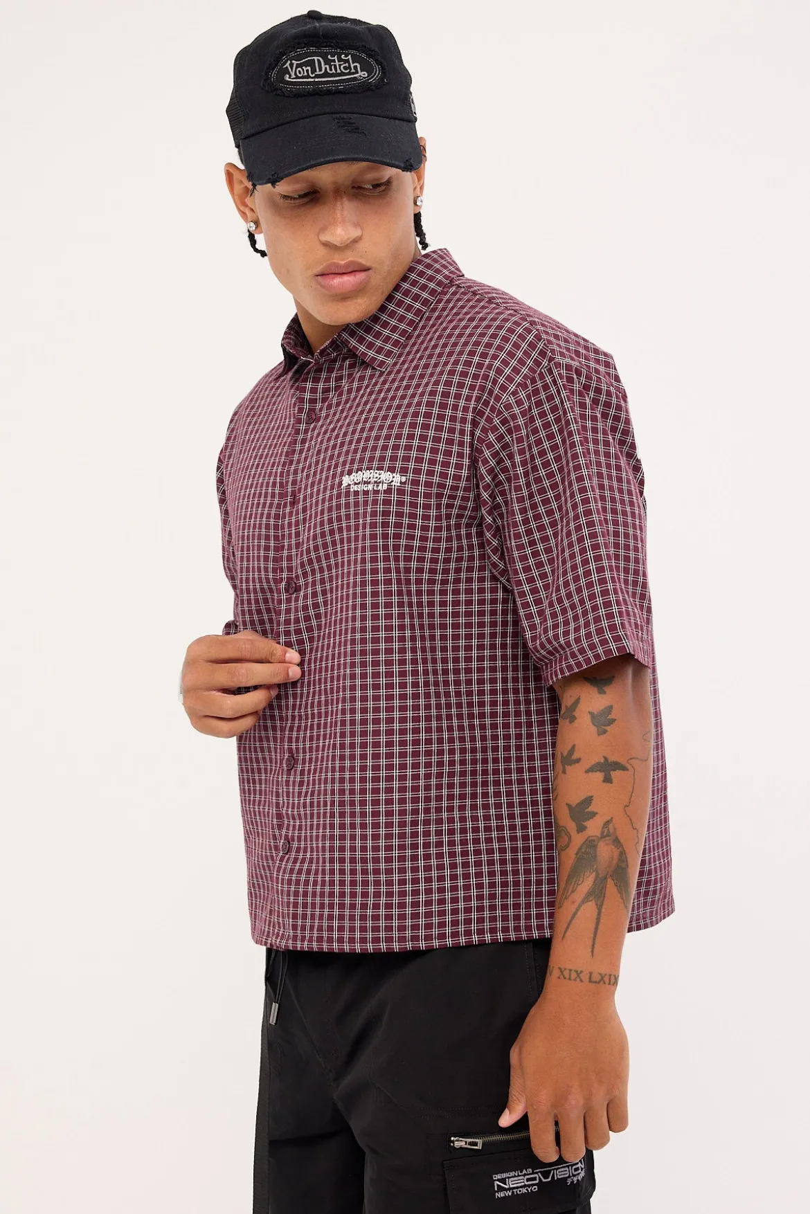 Corrode Oversize Check Cropped Shirt Burgundy Check