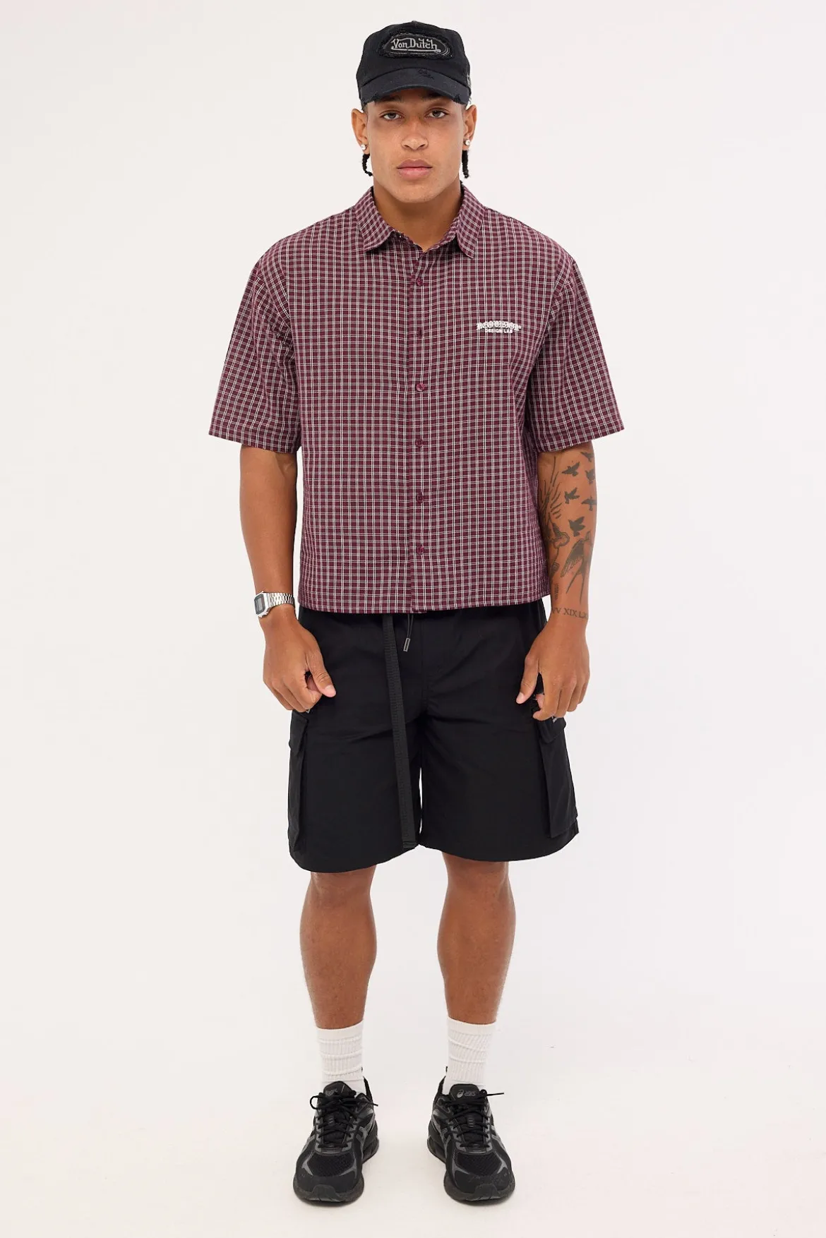 Corrode Oversize Check Cropped Shirt Burgundy Check