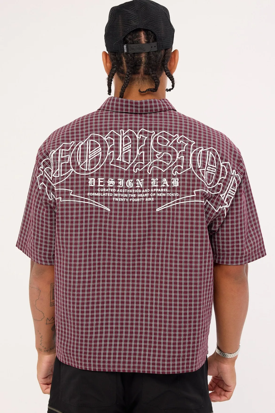 Corrode Oversize Check Cropped Shirt Burgundy Check