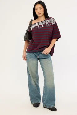 Corrupt Off Shoulder Relaxed Tee Burgundy Stripe