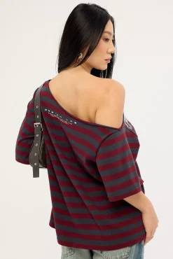 Corrupt Off Shoulder Relaxed Tee Burgundy Stripe