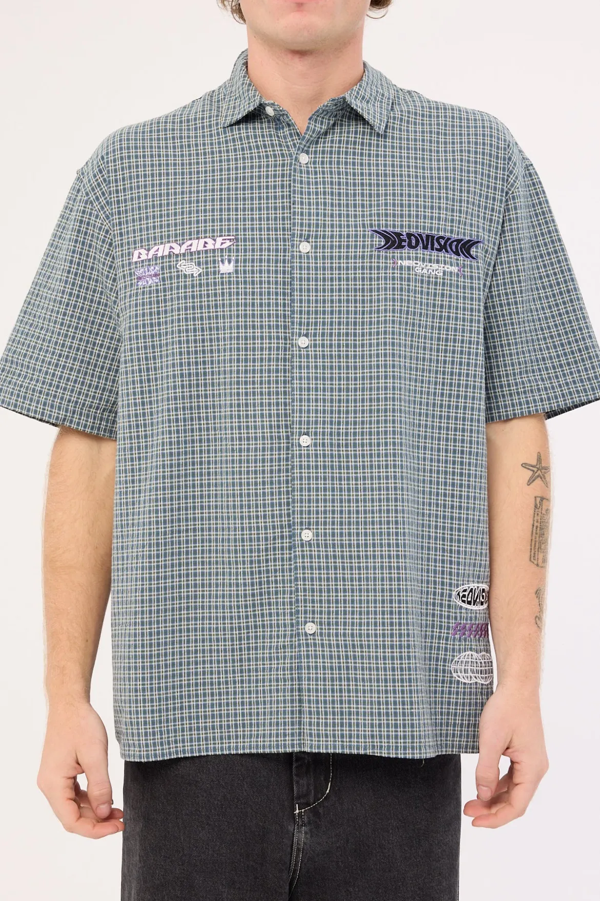 Craze Check Oversize Organic Short Sleeve Shirt Green/Blue