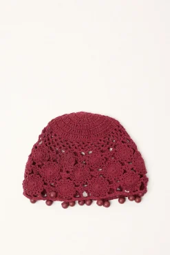 Crochet Flower Knitted Beanie Burgundy