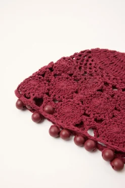 Crochet Flower Knitted Beanie Burgundy