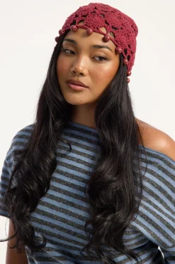 Crochet Flower Knitted Beanie Burgundy