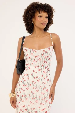 Daisie Polka Lace Up Maxi Dress Off White Print