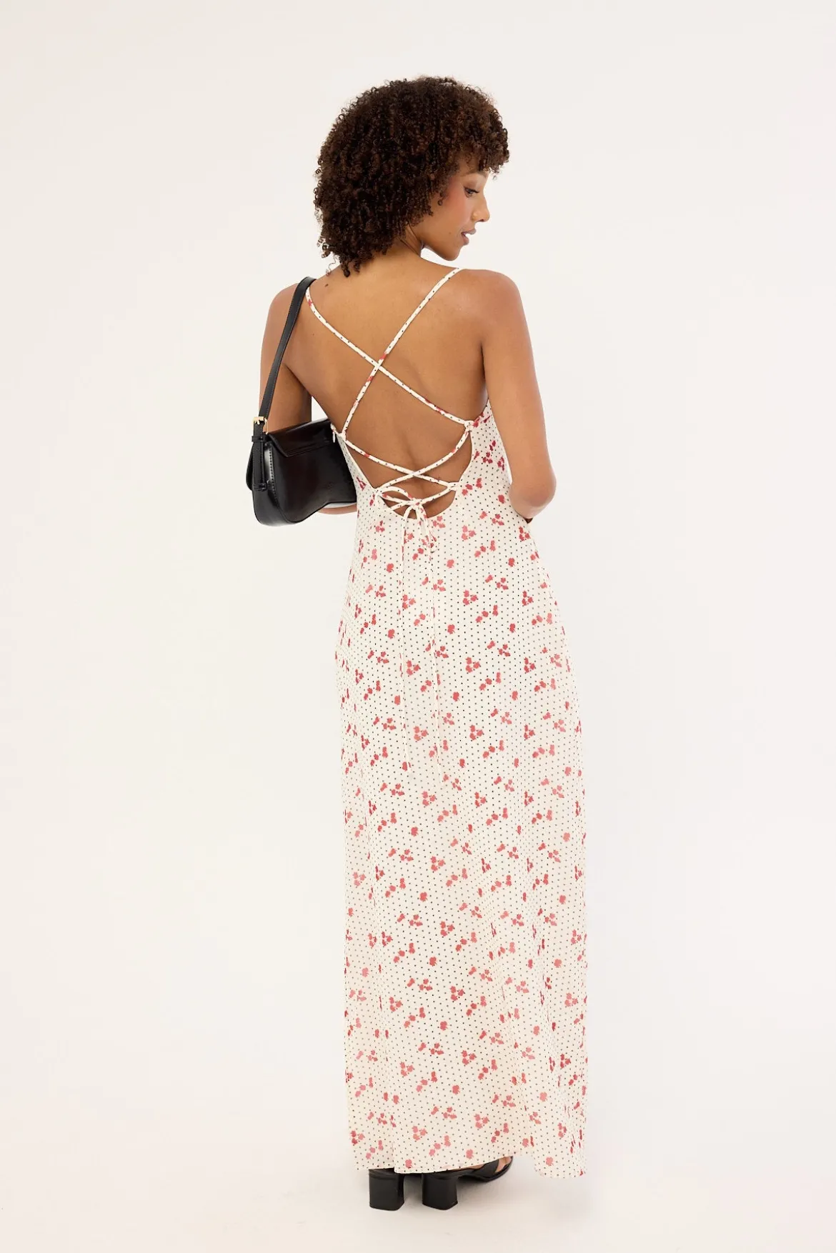 Daisie Polka Lace Up Maxi Dress Off White Print