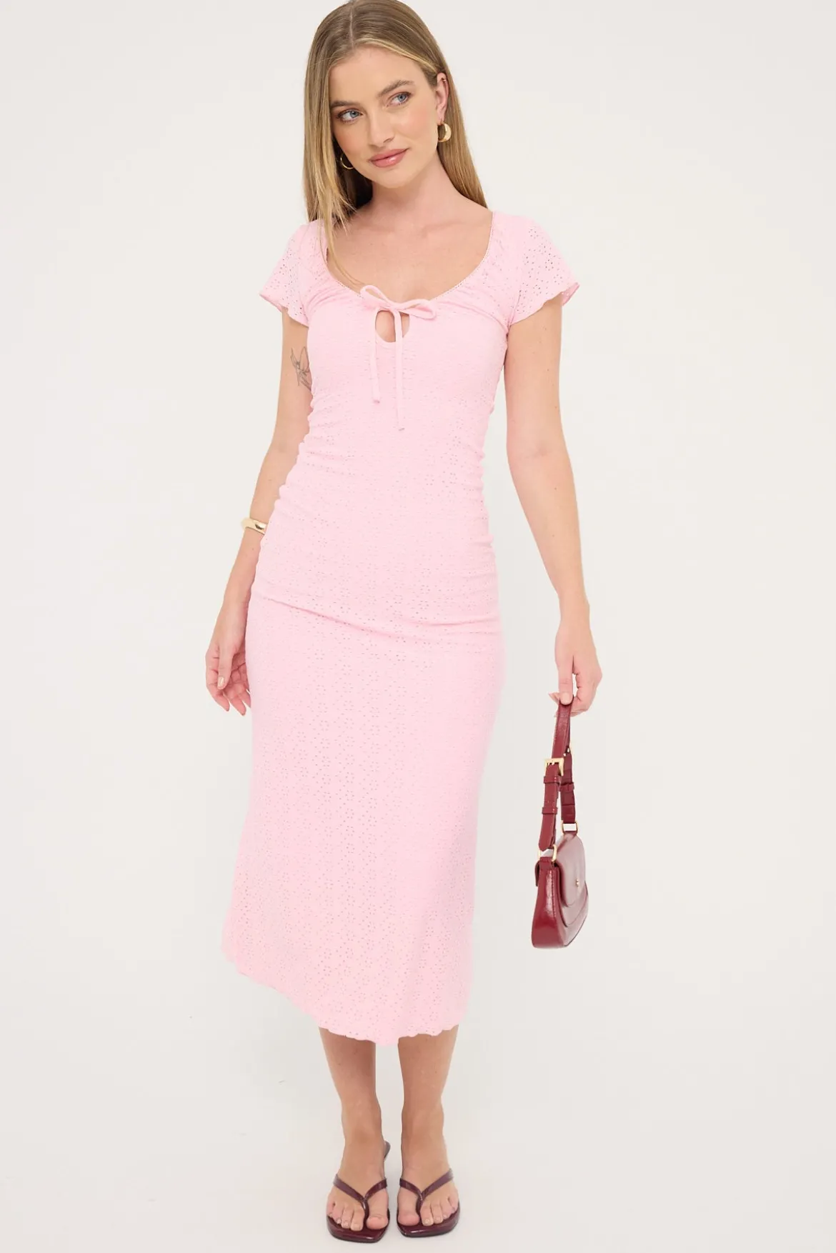 Dala Stretch Broderie Midi Dress Pink