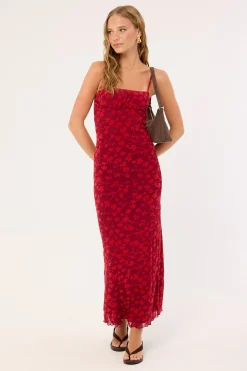 Darsih Cami Maxi Dress Red Grunge Floral Flock